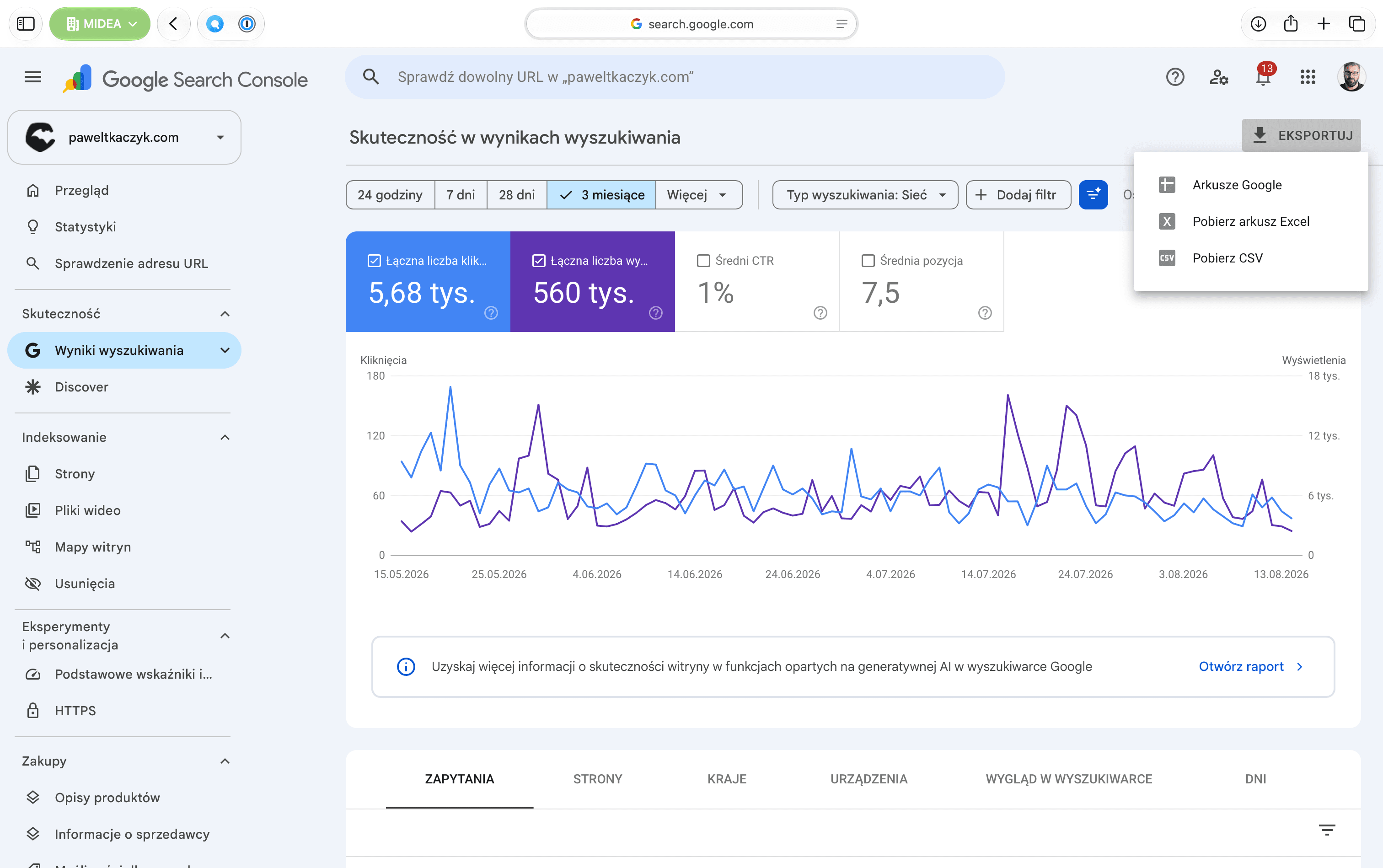 Eksport z Google Search Console