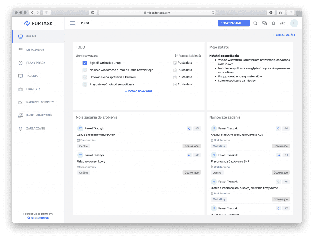 Fortask – panel główny