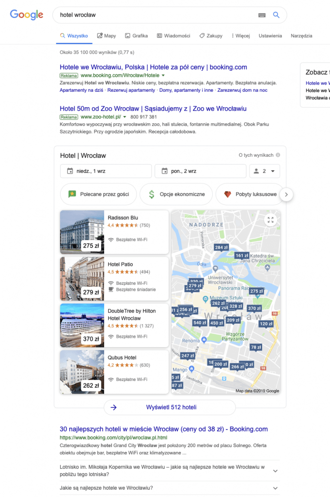 Wyniki wyszukiwania frazy „hotel Wrocław” w Google